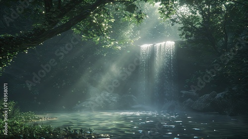 Capture the tranquility of a secluded waterfall amidst lush greenery, with sunlight filtering through the leaves, creating a peaceful, ethereal glow