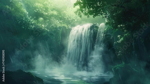 Capture the tranquility of a secluded waterfall amidst lush greenery, with sunlight filtering through the leaves, creating a peaceful, ethereal glow