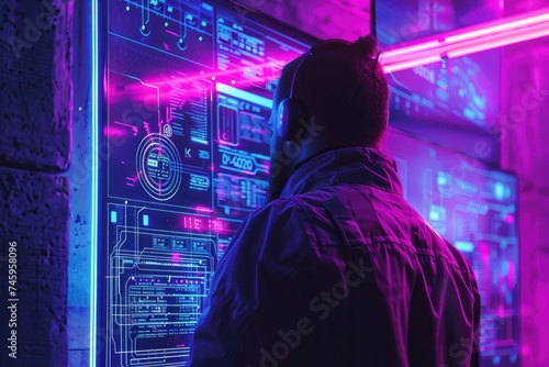 Cyber crime investigation, a digital detective uncovering hidden data trails in a neon-lit, cyberpunk setting photo