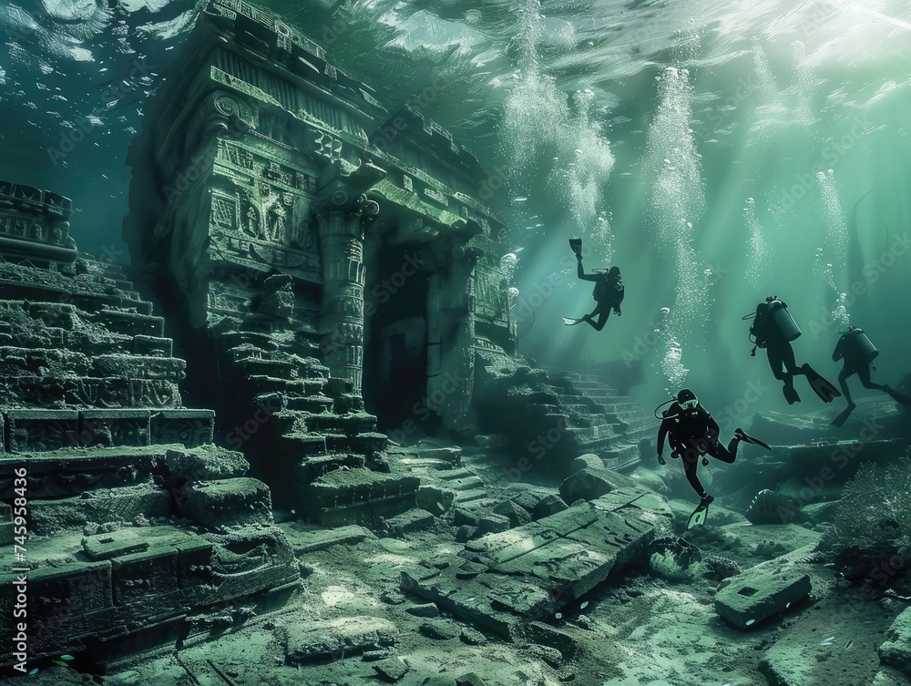 Underwater scuba diving scene, with divers discovering ancient ruins hinting at tribal warfare and vampire legends