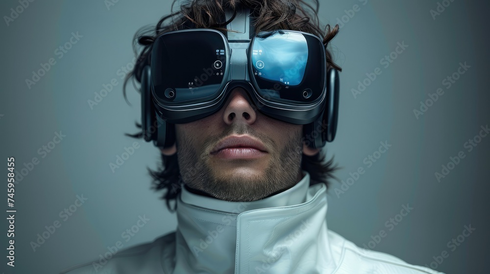 A man immersed in virtual reality, adorned with minimalist and elegant goggles that seamlessly blend with the surroundings. Generative AI. A man immersed in virtual reality, adorned with minimalist and elegant goggles that seamlessly blend with the surroundings. Generative AI.