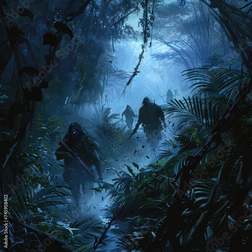Tribal warfare in a dense jungle, with vampire warriors lurking in the shadows, adding a supernatural twist to the conflict © AI Farm
