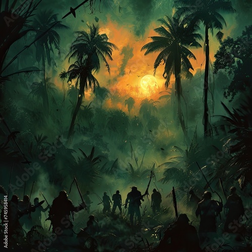 Tribal warfare in a dense jungle  with vampire warriors lurking in the shadows  adding a supernatural twist to the conflict