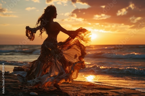 Coastal Rhythms: A Captivating Image of a Woman Dancing in a Wonderful Dress by the Sea at Sunset, Expressing the Joys of Samba and Flamenco.