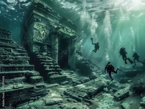 Underwater scuba diving scene, with divers discovering ancient ruins hinting at tribal warfare and vampire legends © AI Farm