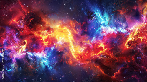 Celestial Dreams: Vibrant Cosmic Nebula. A vibrant tapestry of cosmic energy unfolds in this image of a nebula, showcasing an explosion of colors across the starry space.