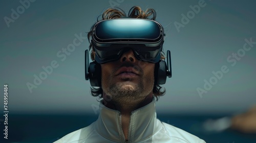A man immersed in virtual reality, adorned with minimalist and elegant goggles that seamlessly blend with the surroundings. Generative AI.