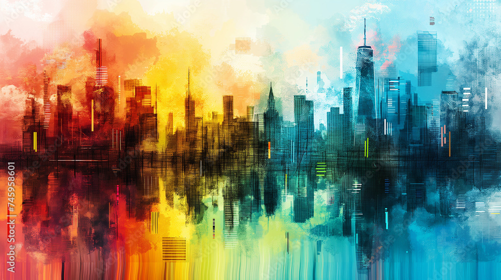 kreative skyline Stadt Ansicht als buntes farbenfrohes Kunstwerk und Gemälde in regenbogenfarben für lgbtq Generative AI