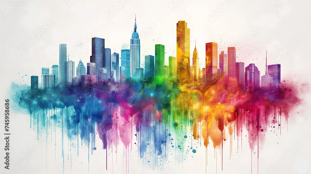 Obraz premium kreative skyline Stadt Ansicht als buntes farbenfrohes Kunstwerk und Gemälde in regenbogenfarben für lgbtq Generative AI