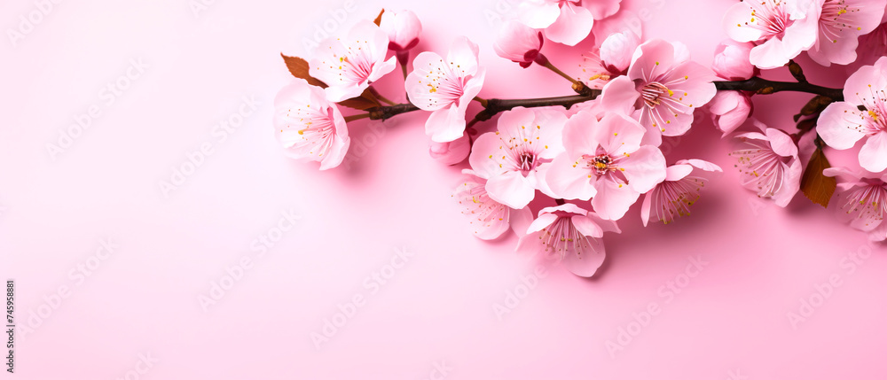 Cherry blossom branch against pink backdrop with magenta petals