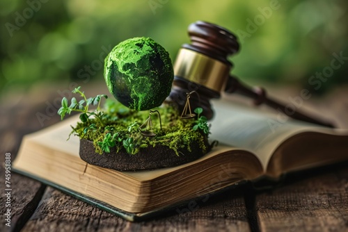 The verdant realm is depicted with a gavel symbolizing the idea of universal ecological justice.