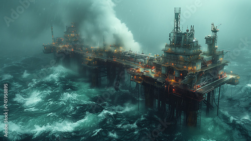 a very detailed oil platform floating across the ocean, in the style of exquisite lighting, photo-realistic landscapes, flickr, high-angle, mesmerizing colorscapes, cornelis springer © Shahir