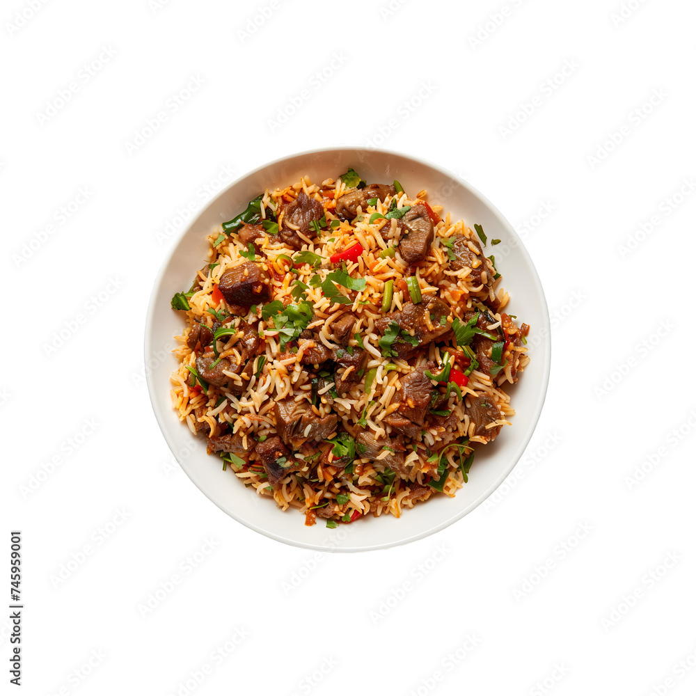Mutton or lamb biriyani with basmati rice on transparent background png Mutton or lamb biriyani with basmati rice on transparent background png