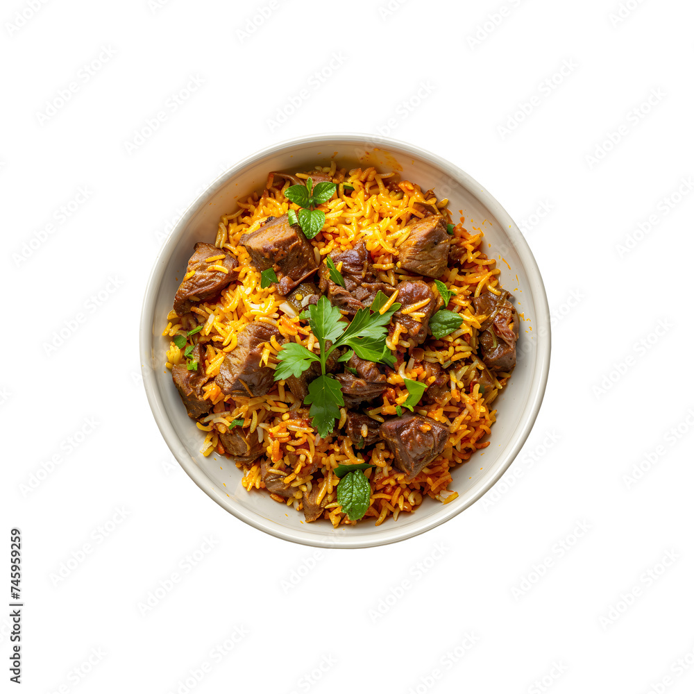 Mutton or lamb biriyani with basmati rice on transparent background png Mutton or lamb biriyani with basmati rice on transparent background png
