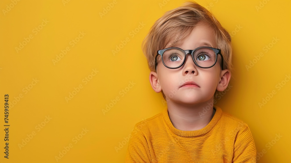 Intelligent young boy wearing spectacles against a vibrant backdrop.