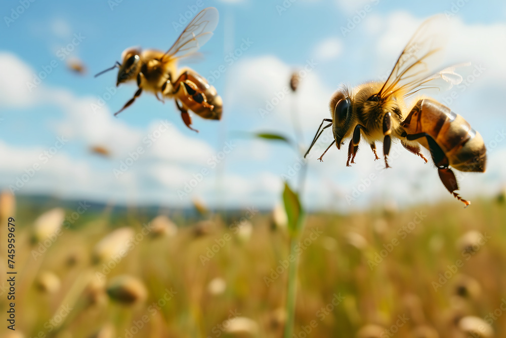 two honeybees above field at sunny summer day - obrazy, fototapety, plakaty 
