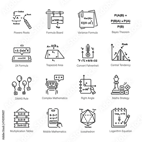 Trendy Line Style Icons Depicting Maths Solutions

