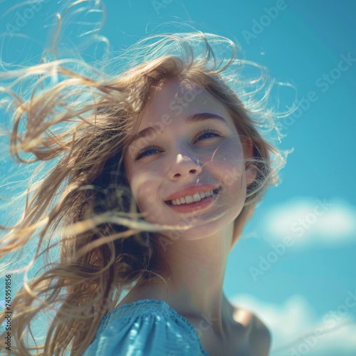 Young Woman Smiling Her Hair is Blown by the Wind - Blue Background Seeing The Upper Body when wearing Blue Clothes in Summer and The Sun is Bright Wallpaper created with Generative AI Technology © Sentoriak
