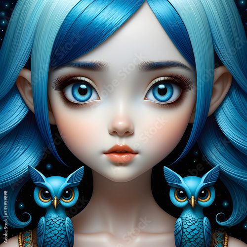 This stunning portrait features a beautiful young tween girl with vibrant blue hair, captured in a colorful 3D realistic front view. Her piercing eyes and gentle smile draw you in, showcasing her yout photo