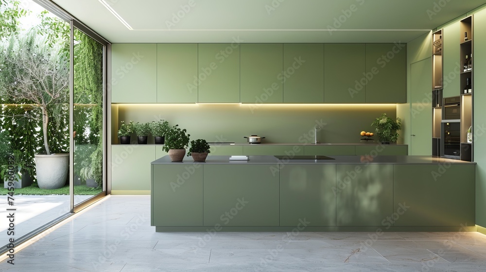 Minimalist green kitchen, verdant accents create a calming retreat for culinary inspiration and peaceful moments of reflection Minimalist green kitchen, verdant accents create a calming retreat for culinary inspiration and peaceful moments of reflection