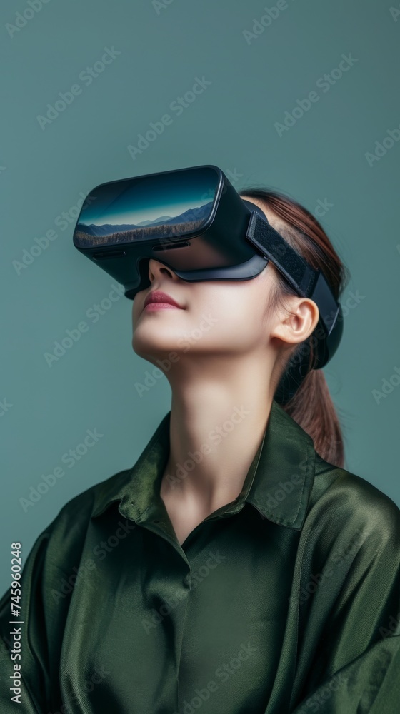 An individual explores tranquil virtual landscapes, donning a sleek VR headset, representing the serene intersection of nature and technology. An individual explores tranquil virtual landscapes, donning a sleek VR headset, representing the serene intersection of nature and technology.