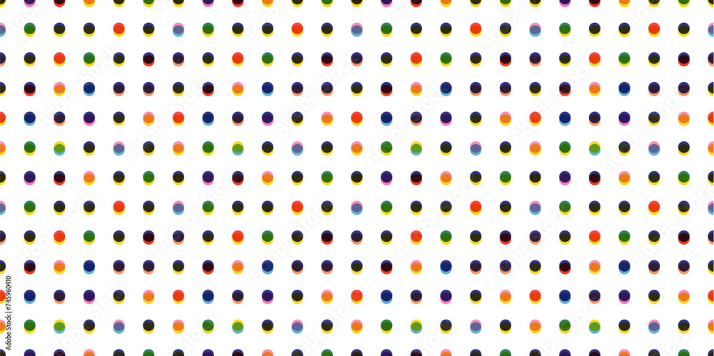 Obraz premium Seamless polka dot pattern. Risograph effect. Vector illustration with small orange, green, blue, yellow dots on a white backdrop. Cute dotted wrapping paper sample. Creative grid texture round shapes