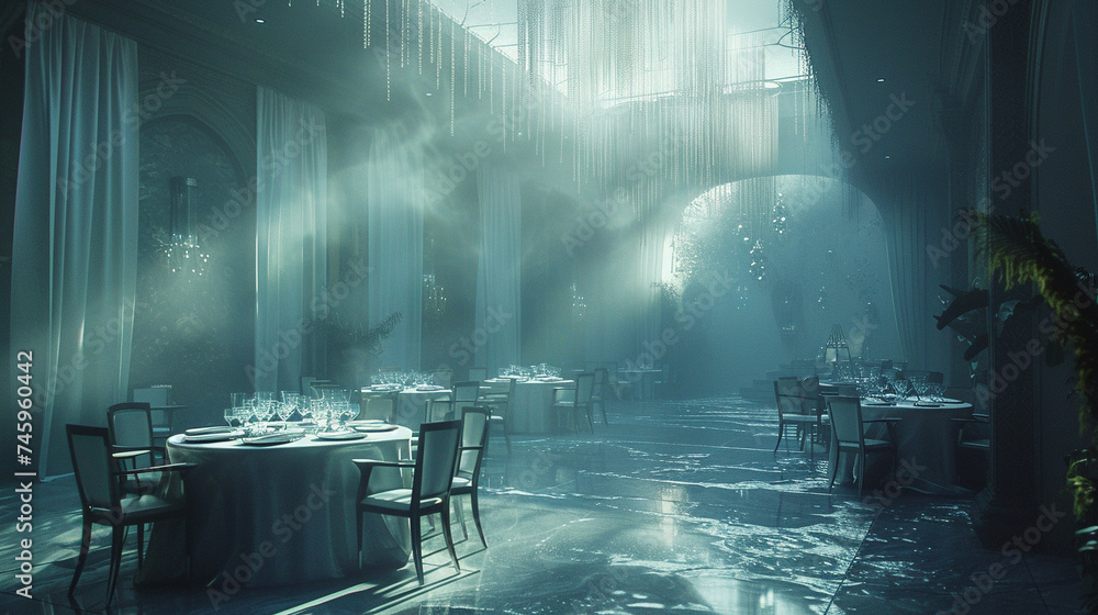 A surreal banquet hall, set for guests who vanished into the aether, chairs rocking gently in a dreamy, unsettling rhythm - obrazy, fototapety, plakaty 