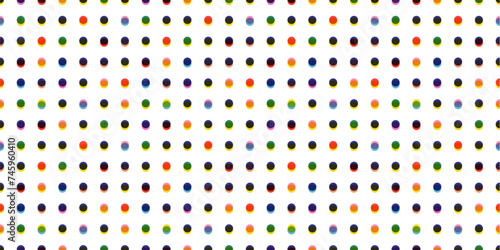 Seamless polka dot pattern. Risograph effect. Vector illustration with small orange, green, blue, yellow dots on a white backdrop. Cute dotted wrapping paper sample. Creative grid texture round shapes