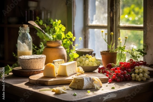 Assortment of fine cheeses paired with fresh grapes, near a sunlit rustic window, evoking a serene countryside vibe