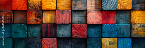 Colorful wooden blocks aligned. Wide format. Hand edited generative AI. 