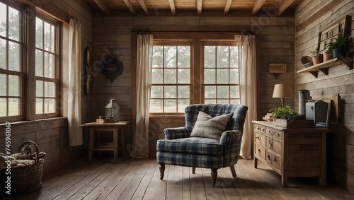 Farmhouse-style room with a plaid-patterned armchair against a shiplap wall.