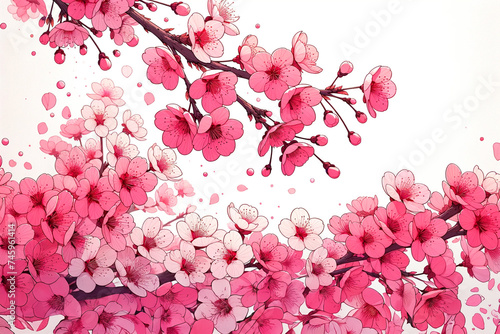 Blossoming Pink Sakura Branches on White Background