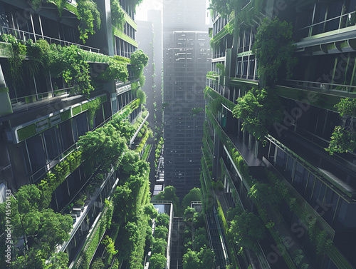 Eco-futuristic living space, green roofs and vertical gardens inside skyscrapers, self-sustaining and high-tech photo