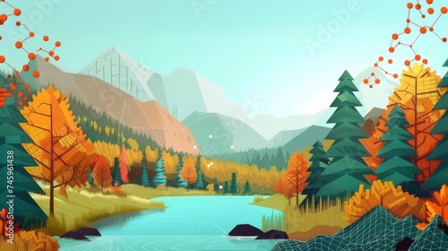 Autumn-Themed Illustrative Landscape with Calm Lake.