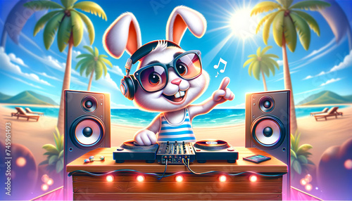 A cartoon rabbit DJ with headphones and sunglasses plays music on turntables at a beach party under the bright sun with palm trees.DJ concept.AI generated.