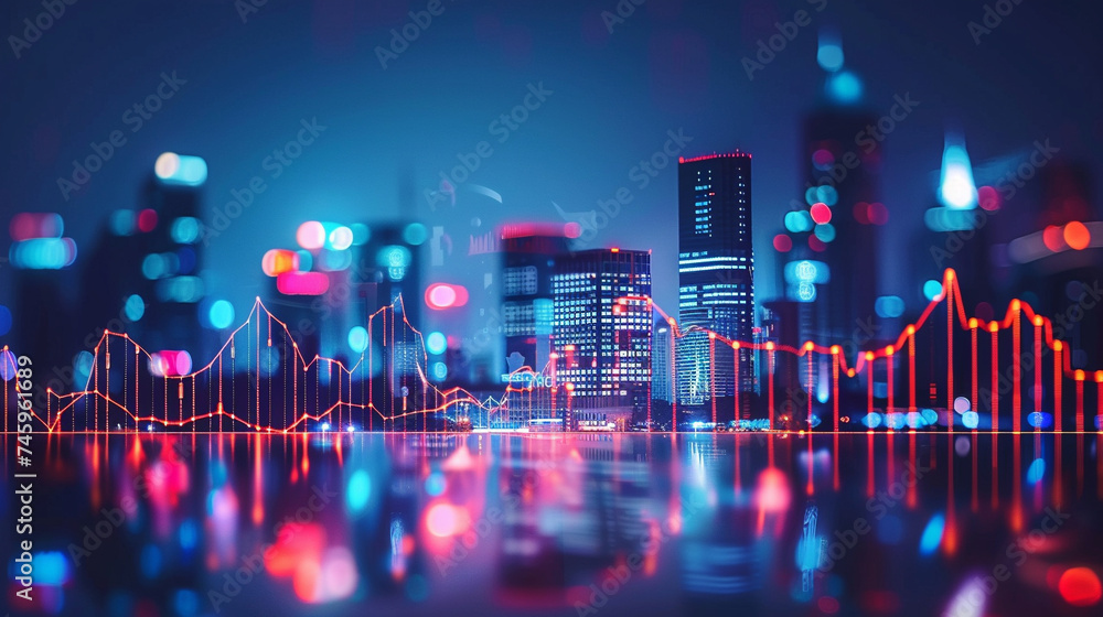 Futuristic financial district skyline, neon lights symbolizing business growth and innovation - obrazy, fototapety, plakaty 