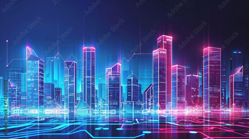 Futuristic financial district skyline, neon lights symbolizing business growth and innovation - obrazy, fototapety, plakaty 