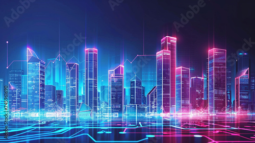 Futuristic financial district skyline, neon lights symbolizing business growth and innovation photo