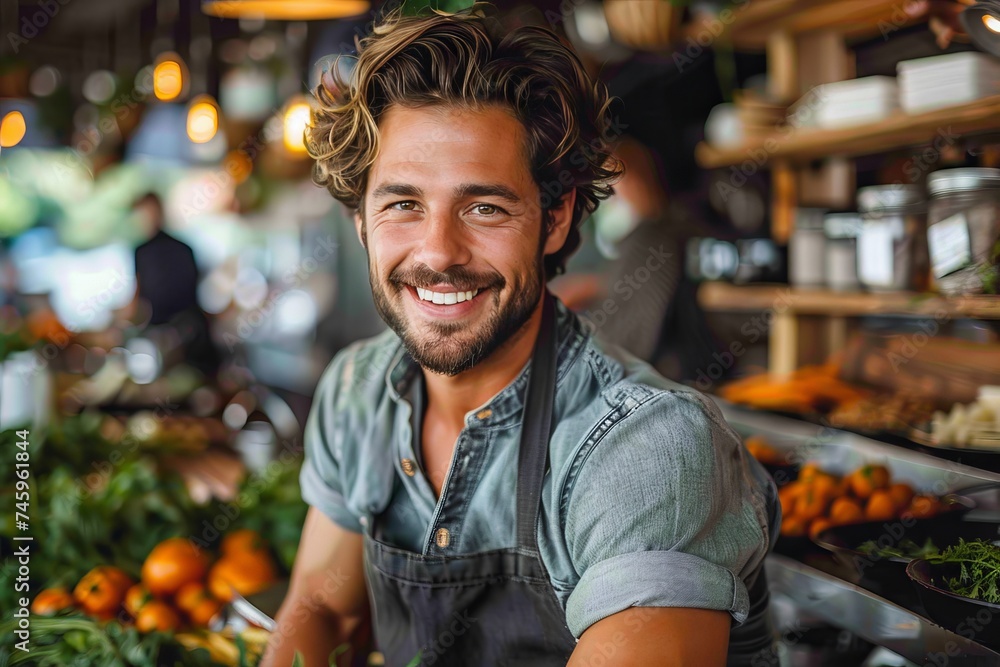 A personable vendor smiling at a food market surrounded by fresh produce, promoting a healthy lifestyle A personable vendor smiling at a food market surrounded by fresh produce, promoting a healthy lifestyle