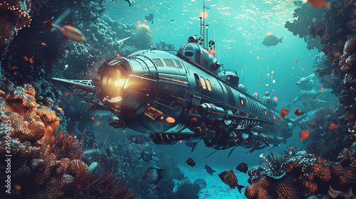 Futuristic submarine expedition capturing deep sea creatures in their mysterious habitats photo