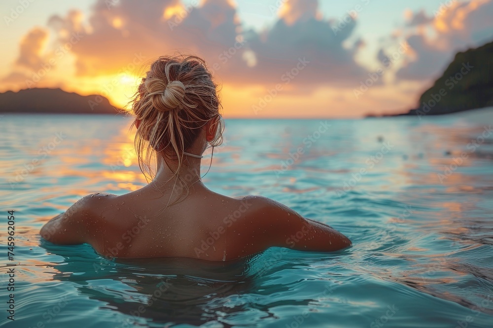 A serene sea-scape where a woman enjoys a tropical sea against an orange colored sunset A serene sea-scape where a woman enjoys a tropical sea against an orange colored sunset