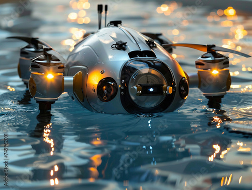 High-tech aquatic drones documenting rare deep sea creatures, blending exploration with science photo
