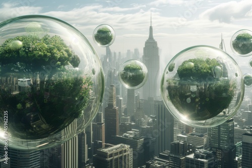 Conceptual art of floating botanical spheres over a cityscape  symbolizing a harmonious fusion of urban development and greenery