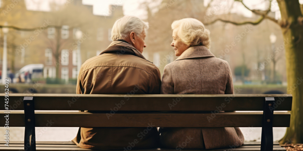 Happy Senior Couple Embracing on a Beautiful Autumn Day, Sitting on a Bench in a Park Happy Senior Couple Embracing on a Beautiful Autumn Day, Sitting on a Bench in a Park