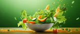 Fresh Healthy Salad Bowl with Green Lettuce, Tomato, Cucumber, and Red Pepper: A Tasty Meal for Nutrition and Delicious Vegan Dieting with Organic Ingredients on a Natural Plate Background