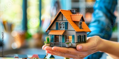 Hands hold a miniature house with care, investment and real-estate concept photo