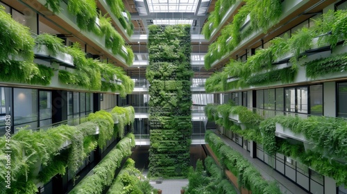 A modern building s atrium enhanced by a lush vertical garden  showcasing a blend of architecture and urban ecology. 