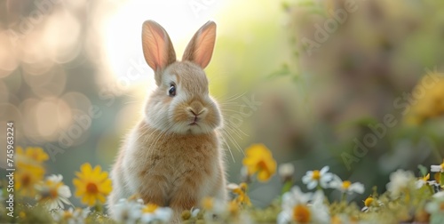 Easter bunny, cute rabbit sitting on Spring garden flowers background