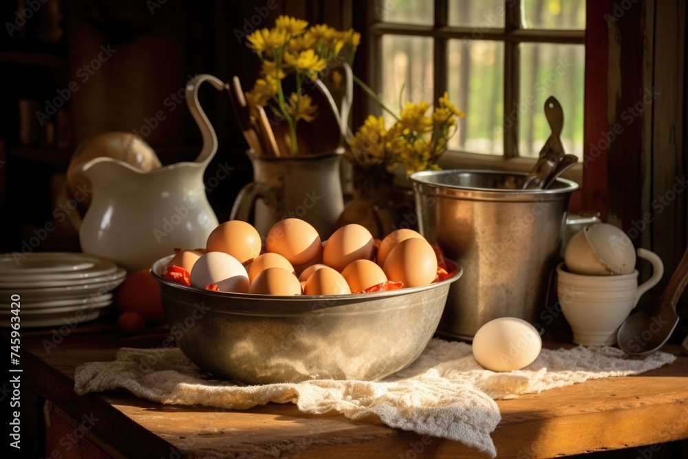 Warm, kitchen scene with eggs, pottery, and fresh flowers basking in sunlight.