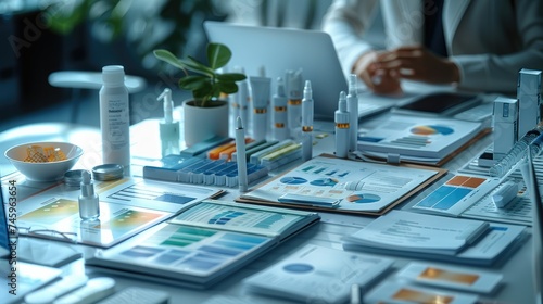 The table is scattered with various product samples and marketing materials, highlighting the research process for affiliate marketing. Generative AI. photo